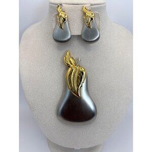 Vintage Satin Finish Silver Tone and Gold Tone Large Pear Brooch and Earrings